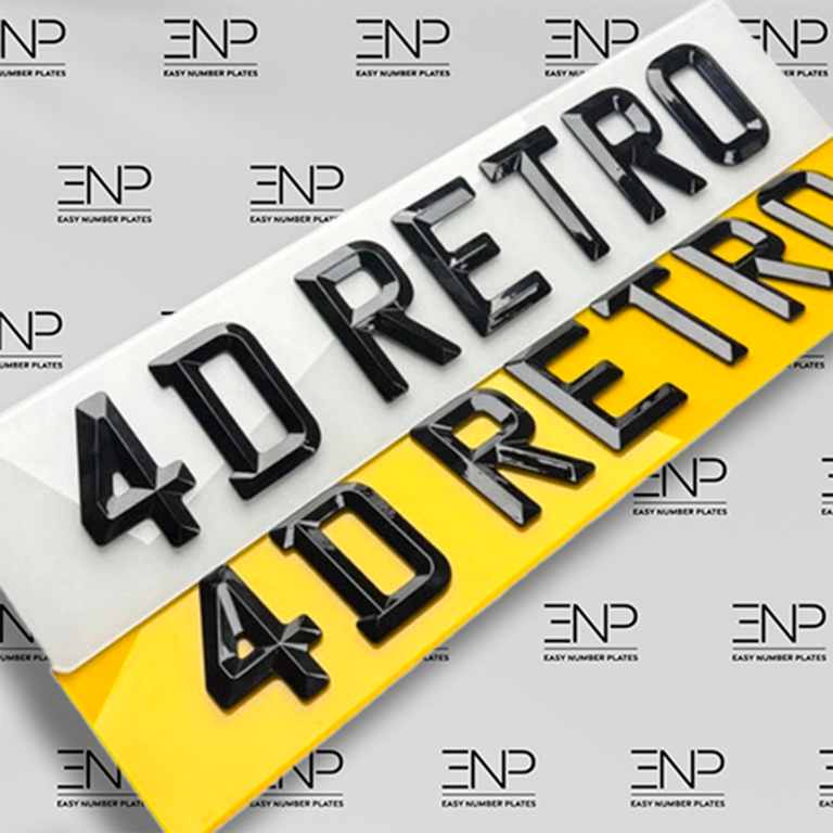 4D bevelled number plates displayed on a vehicle, showcasing the raised, high-gloss lettering